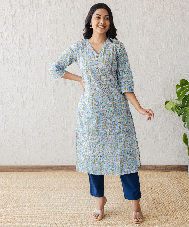 Blue lotus hand block printed straight kurta