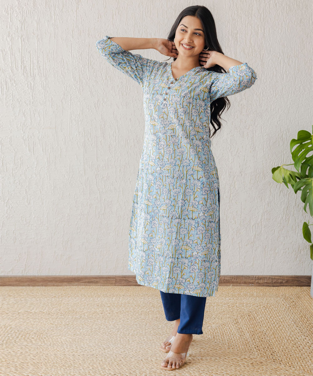 Blue lotus hand block printed straight kurta