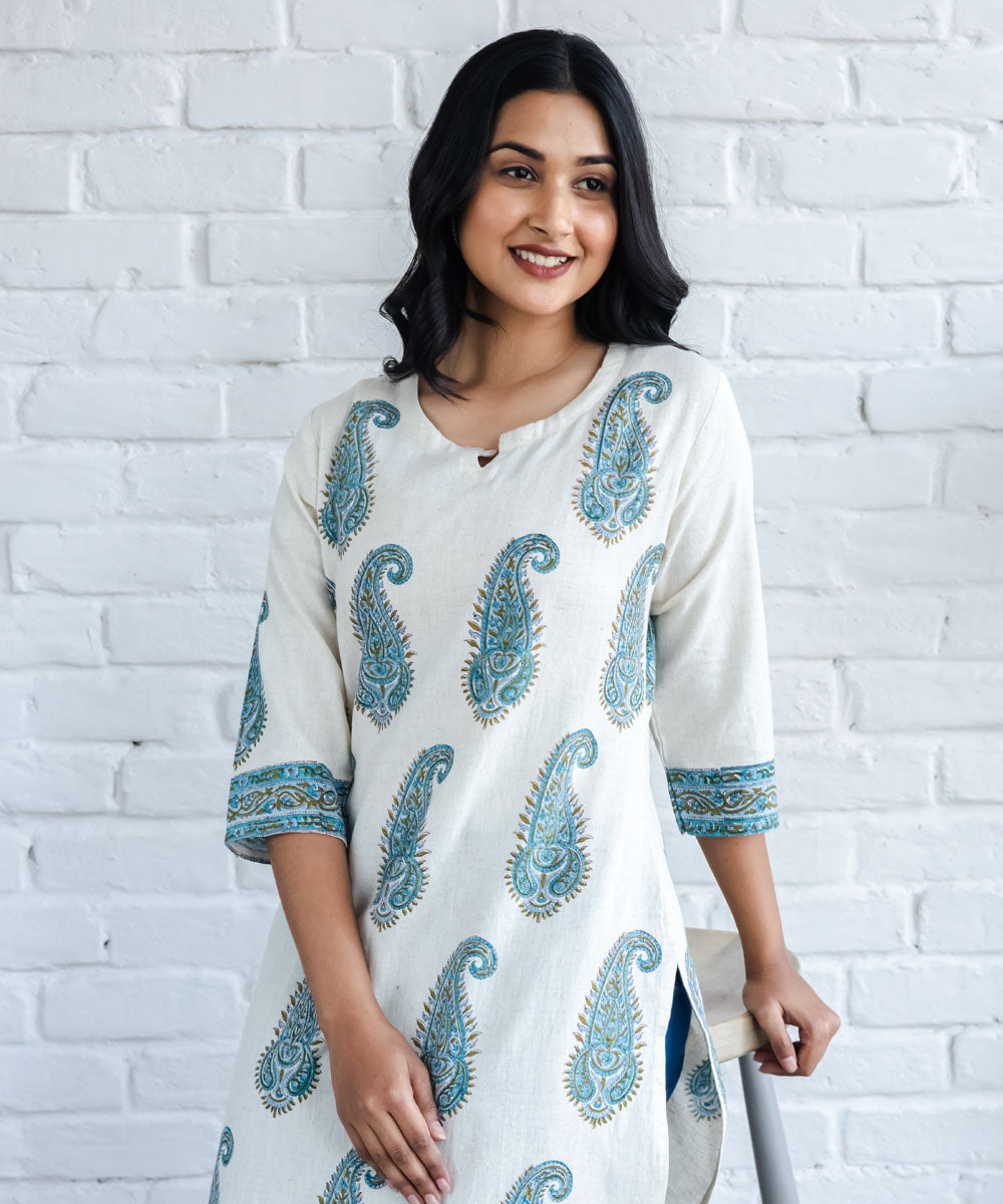 Blue paisley hand block printed straight cotton kurta