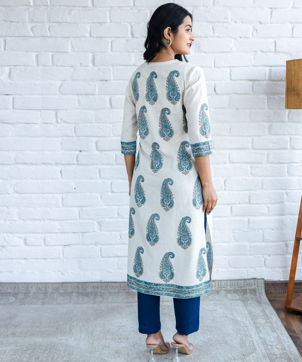 Blue paisley hand block printed straight cotton kurta