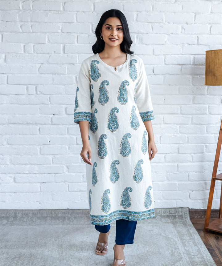 Blue paisley hand block printed straight cotton kurta