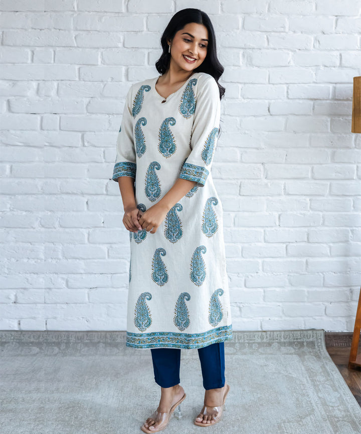 Blue paisley hand block printed straight cotton kurta