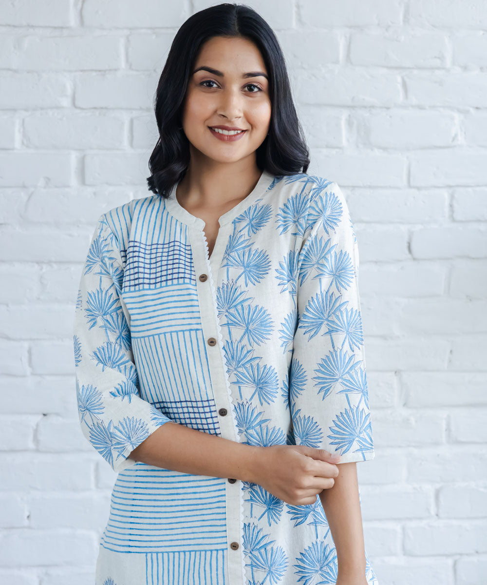 Blue striped and leaf hand block printed straight collar kurta