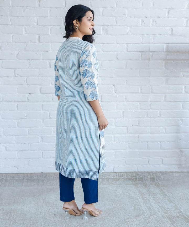 Blue striped and leaf hand block printed straight collar kurta