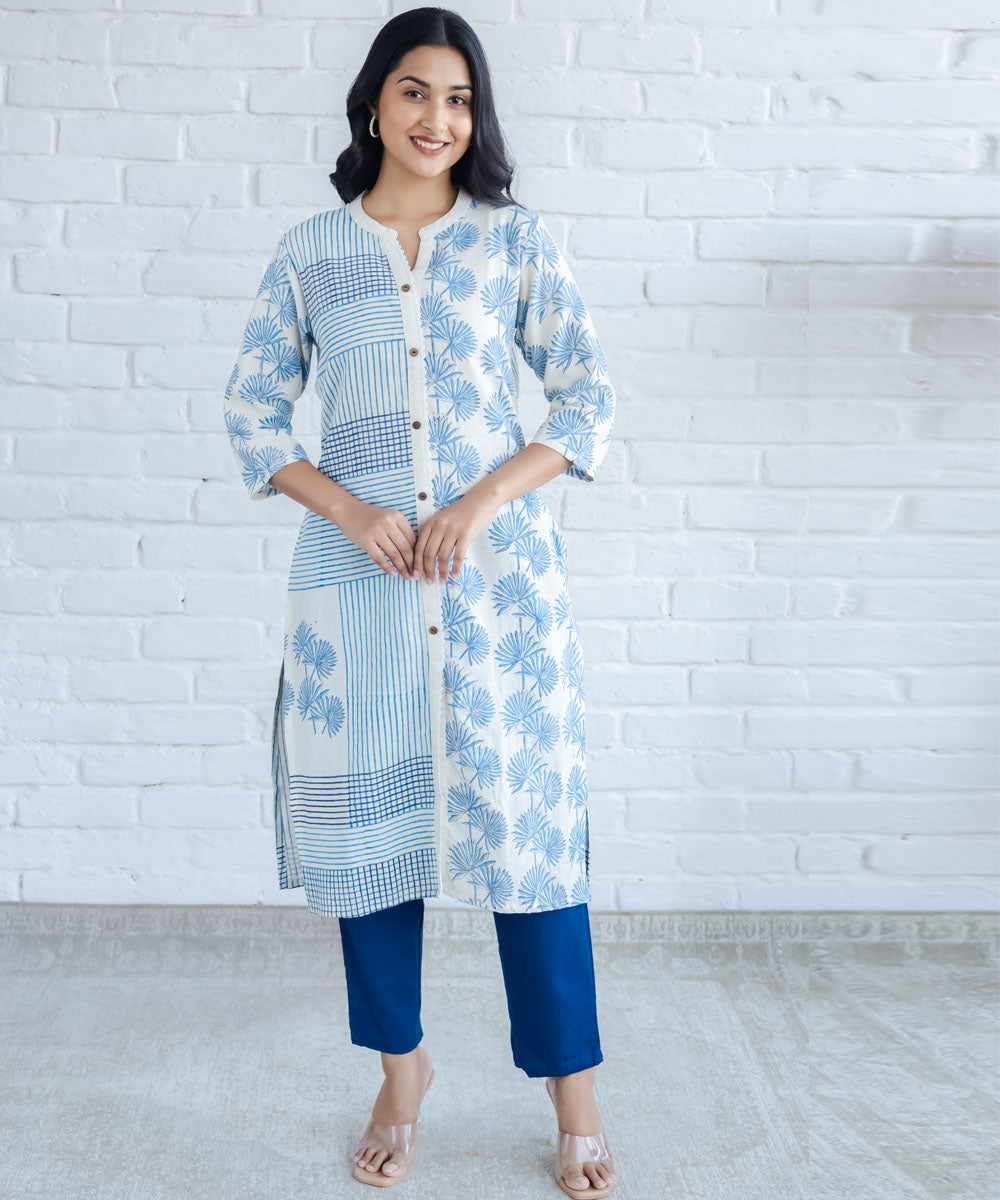 Blue striped and leaf hand block printed straight collar kurta