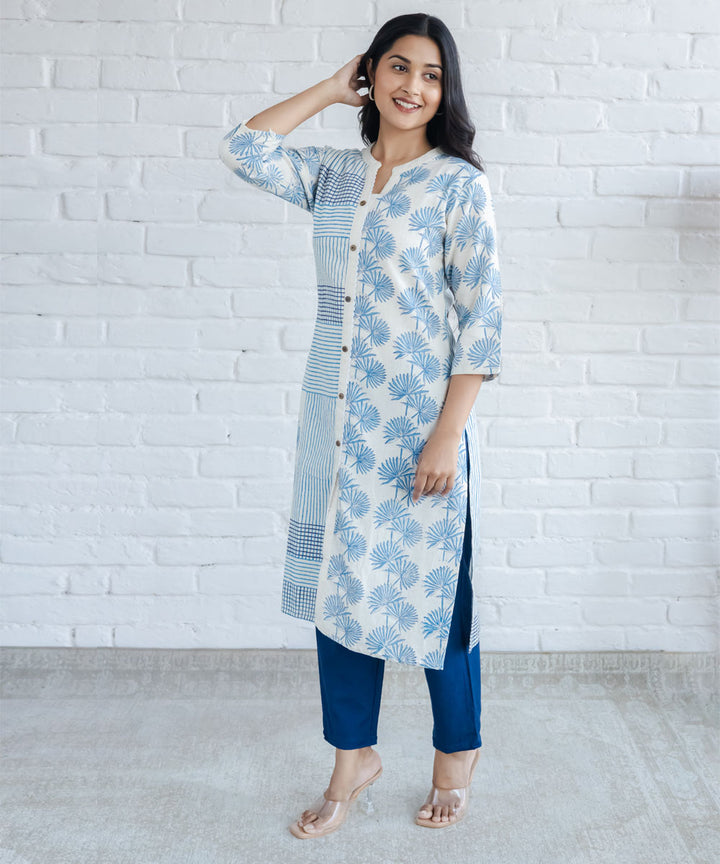 Blue striped and leaf hand block printed straight collar kurta