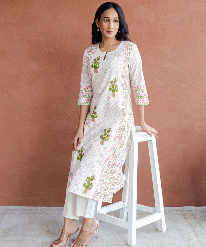 Green cactus hand block printed straight cotton kurta