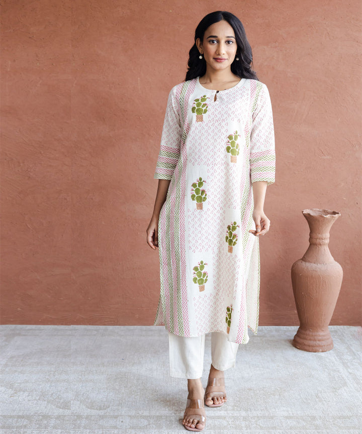 Green cactus hand block printed straight cotton kurta