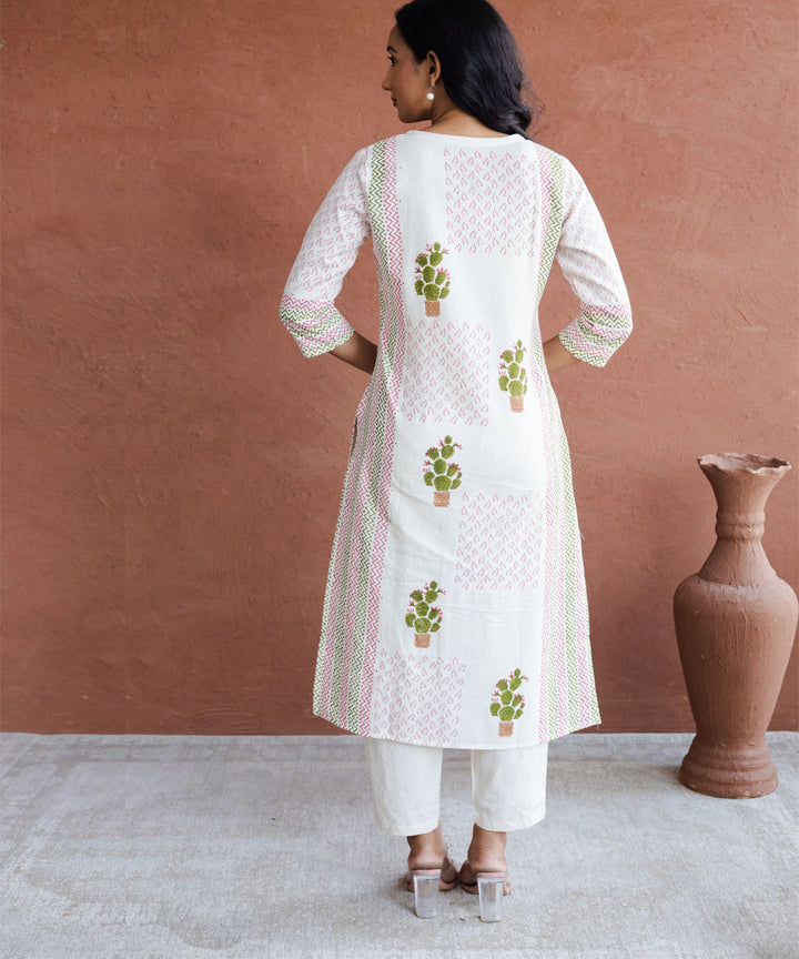 Green cactus hand block printed straight cotton kurta