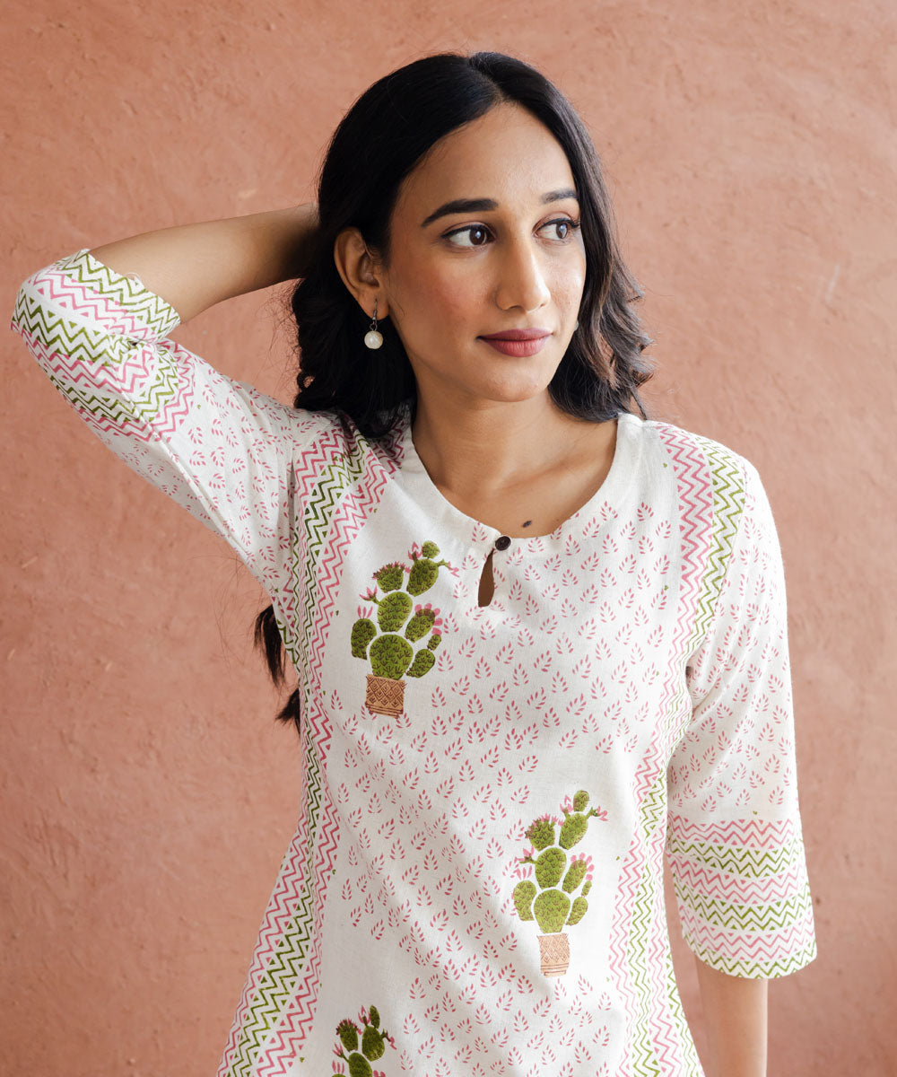 Green cactus hand block printed straight cotton kurta