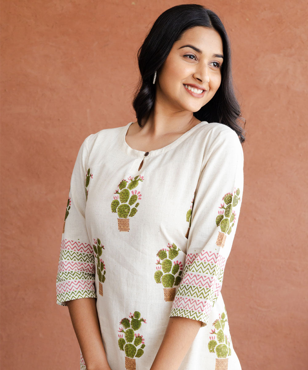 Green cactus hand block printed straight cotton top