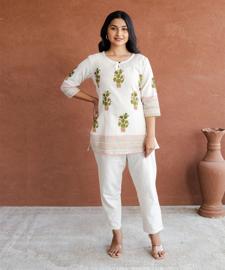 Green cactus hand block printed straight cotton top