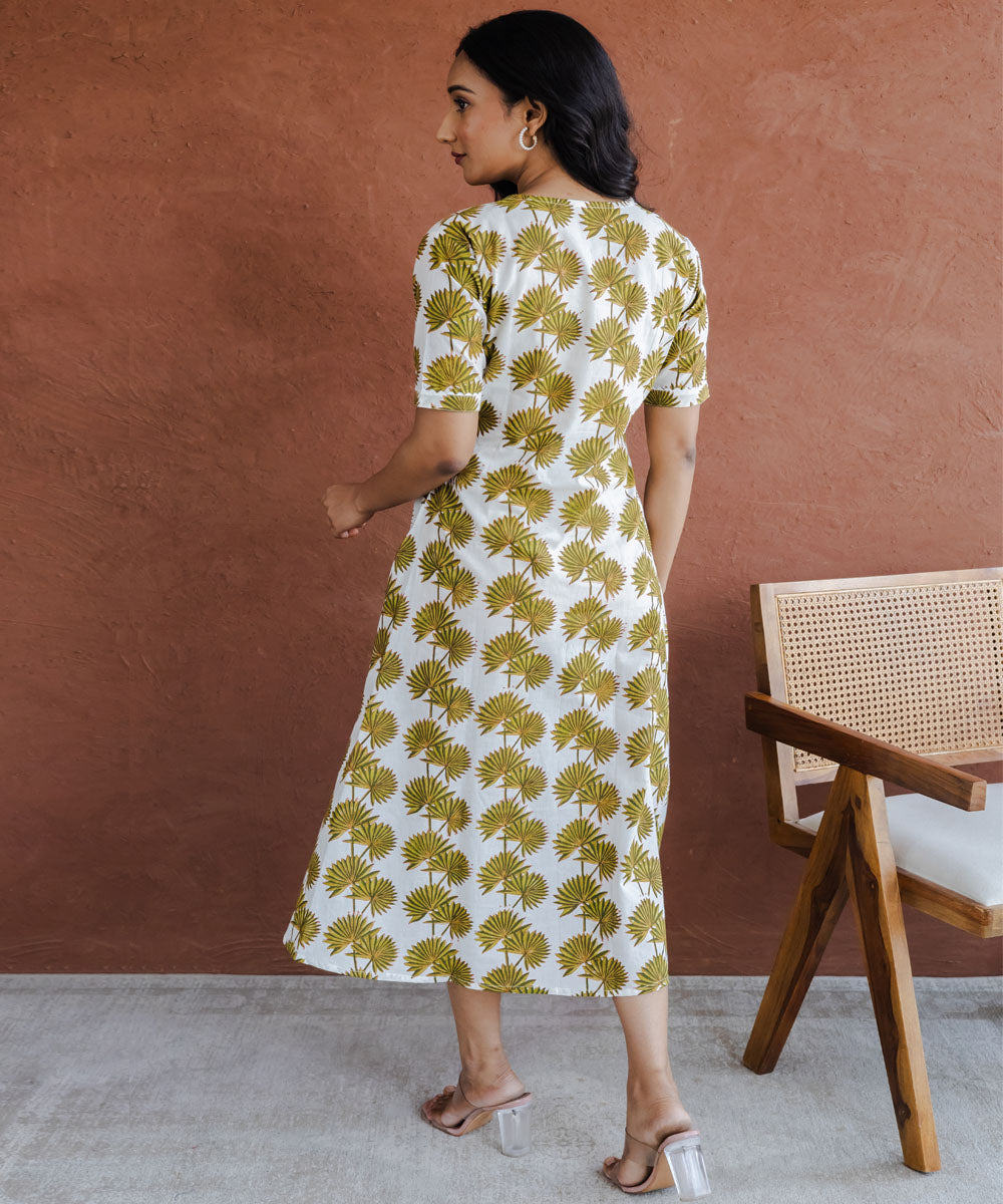 Green leaf hand block printed a line dress