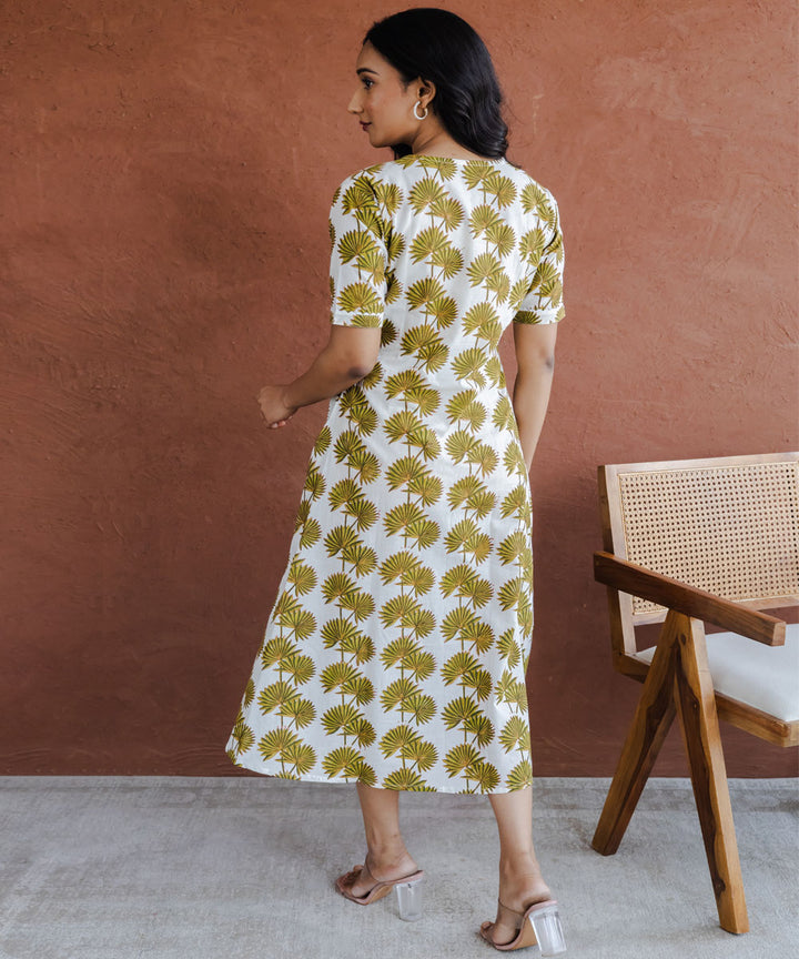 Green leaf hand block printed a line dress