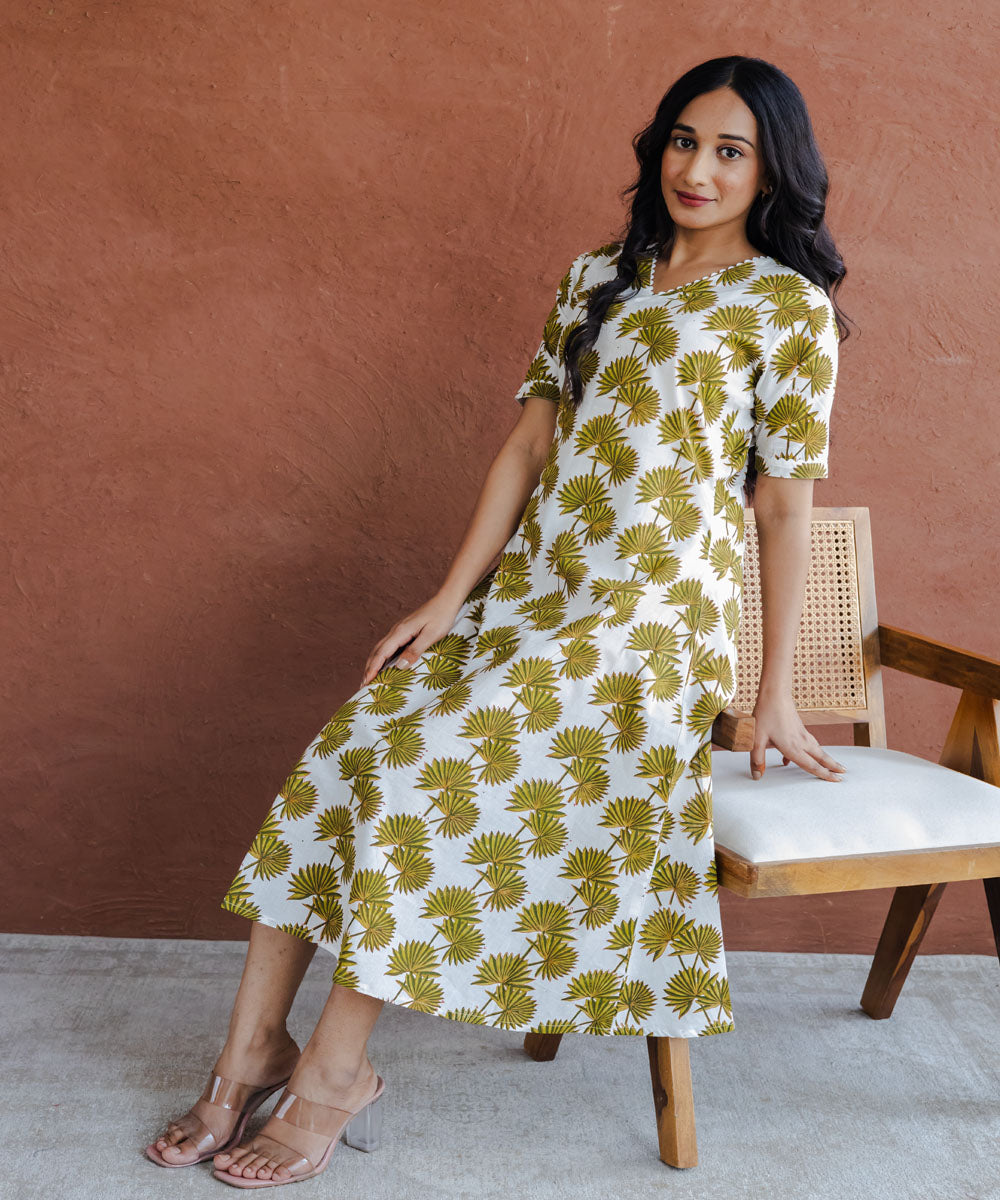 Green leaf hand block printed a line dress