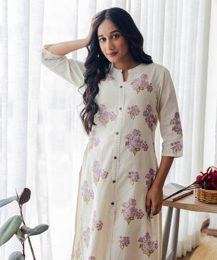 Lavender floral hand block printed collar straight kurta