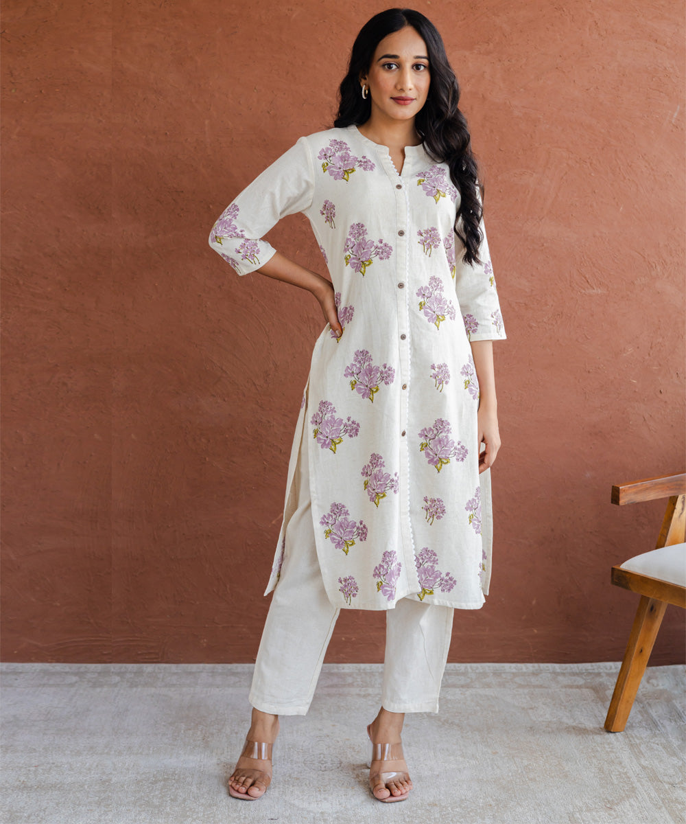 Lavender floral hand block printed collar straight kurta