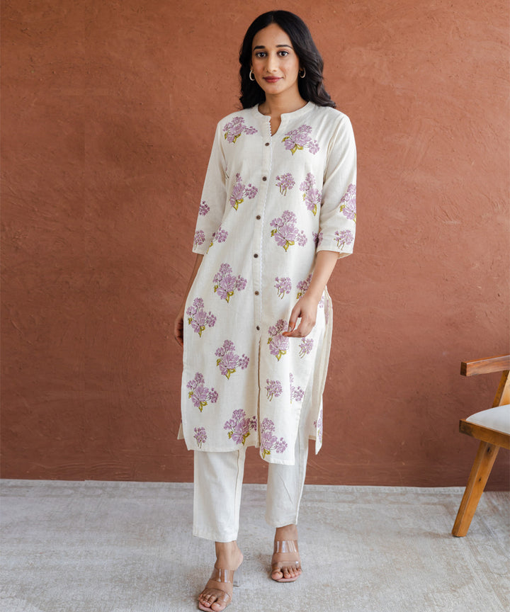 Lavender floral hand block printed collar straight kurta