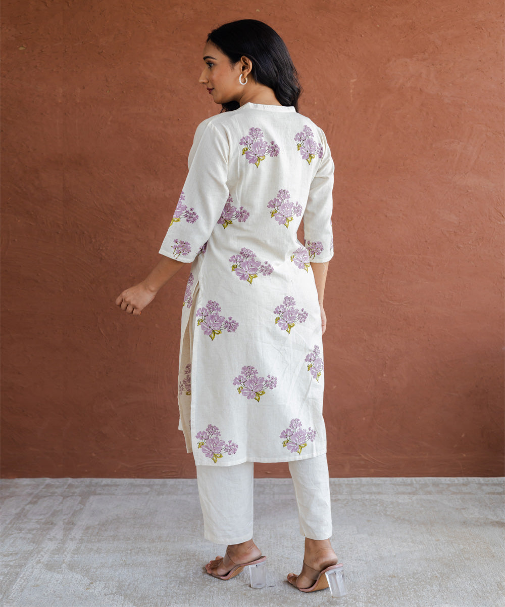 Lavender floral hand block printed collar straight kurta