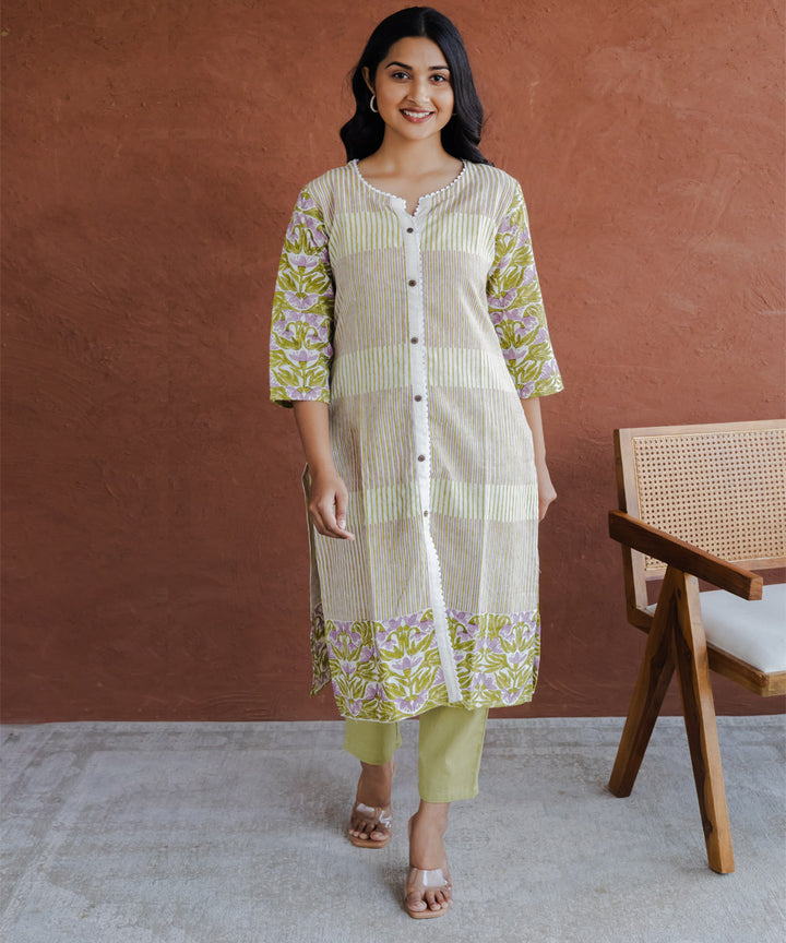 Lavender floral hand block printed straight collar kurta