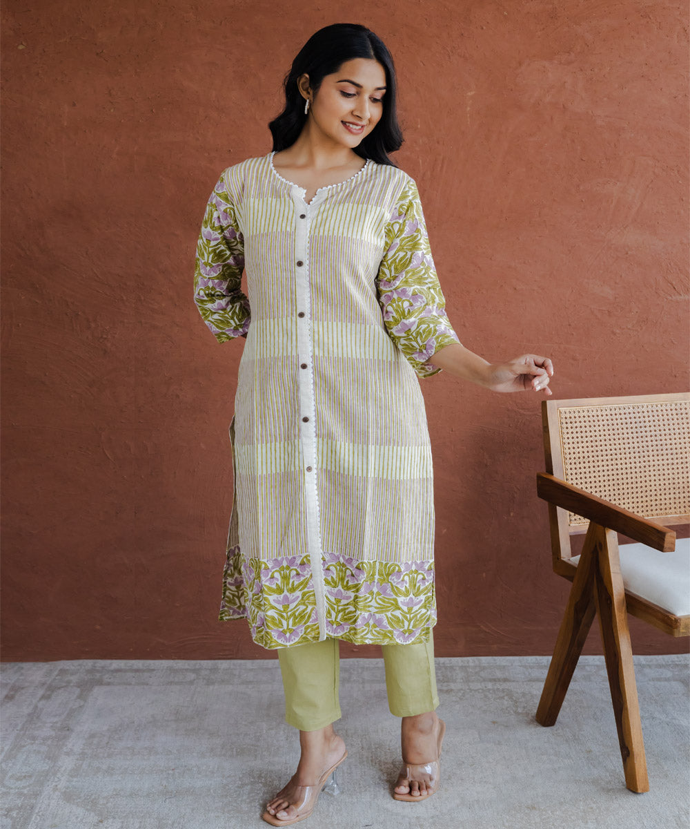 Lavender floral hand block printed straight collar kurta