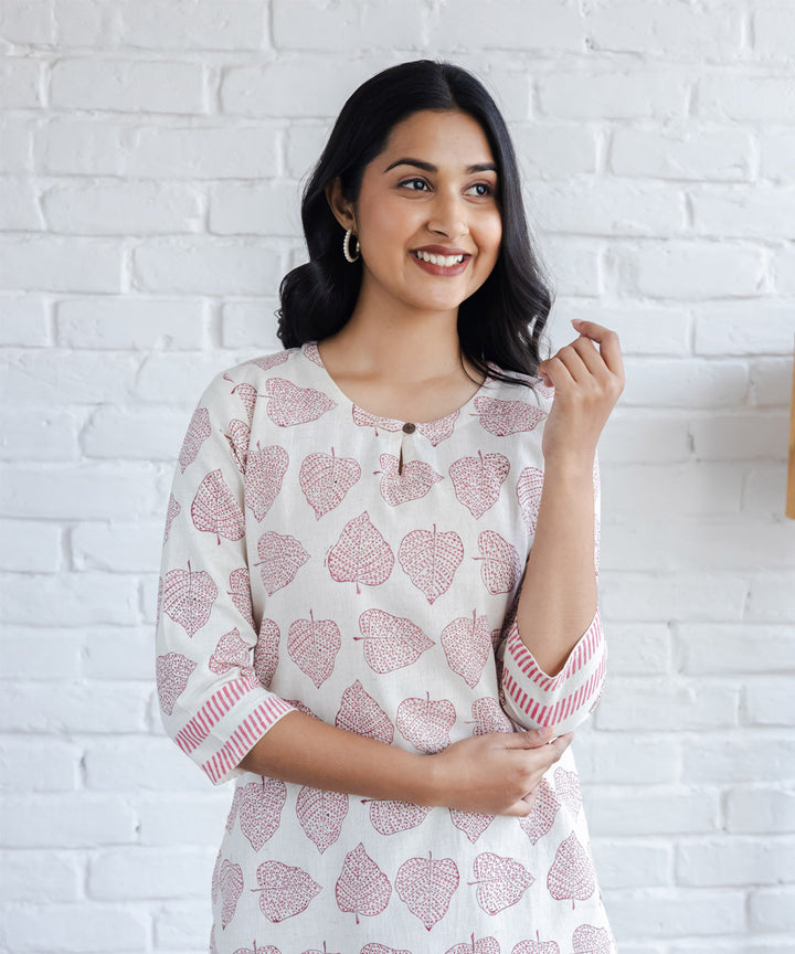 Leafy red hand block printed straight cotton top