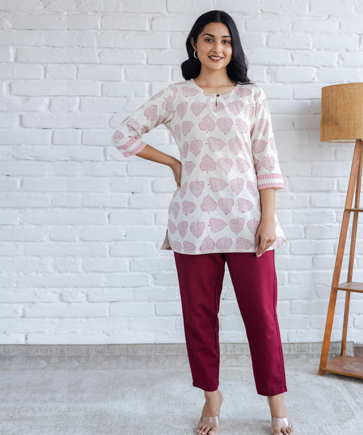 Leafy red hand block printed straight cotton top