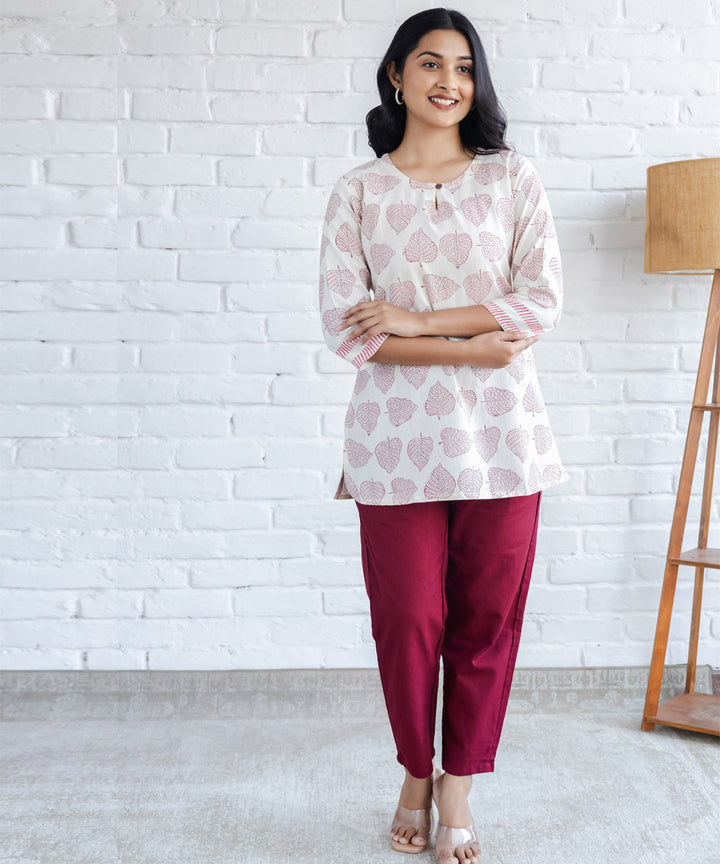 Leafy red hand block printed straight cotton top