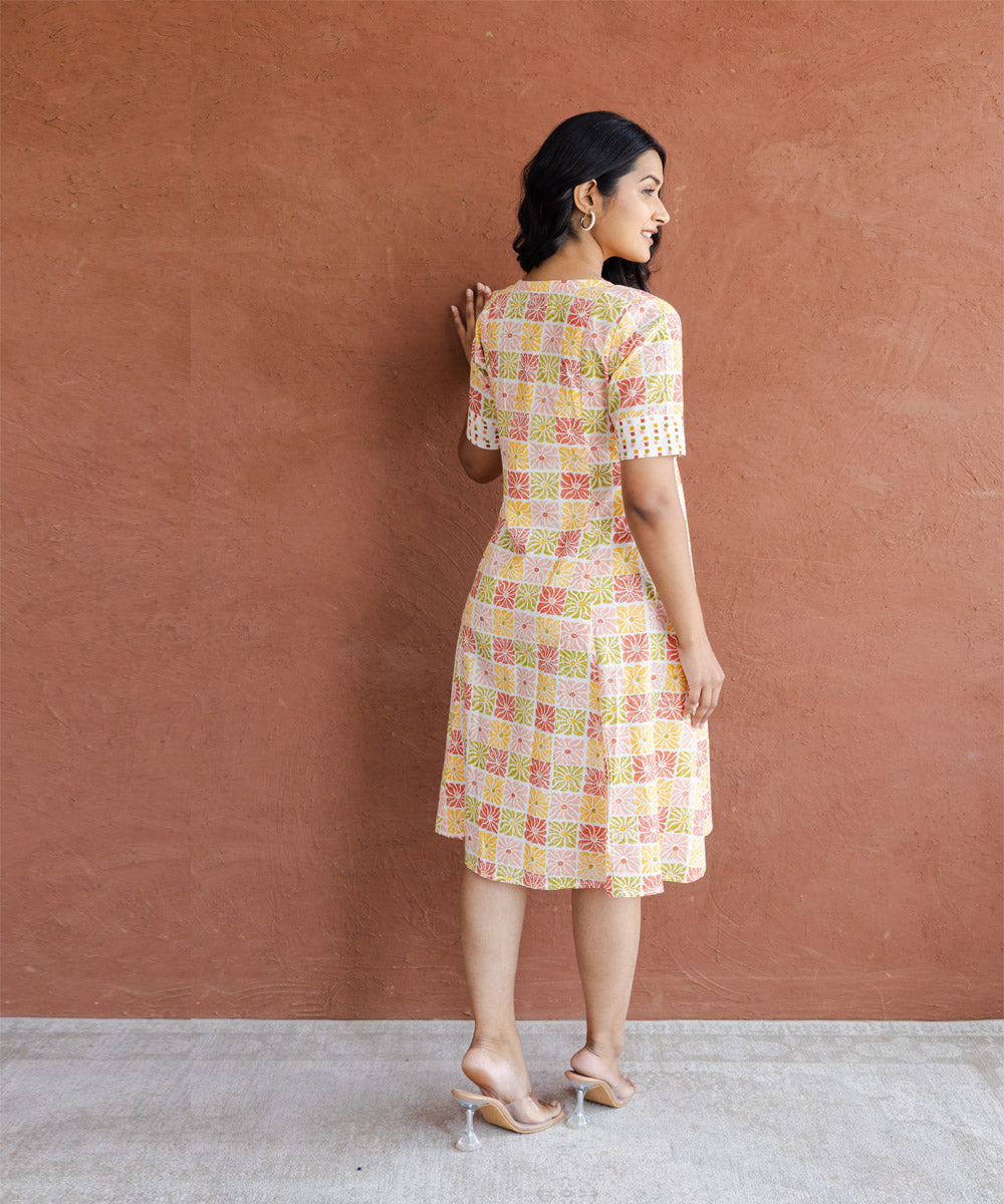 Multicolored tile hand block printed a line dress