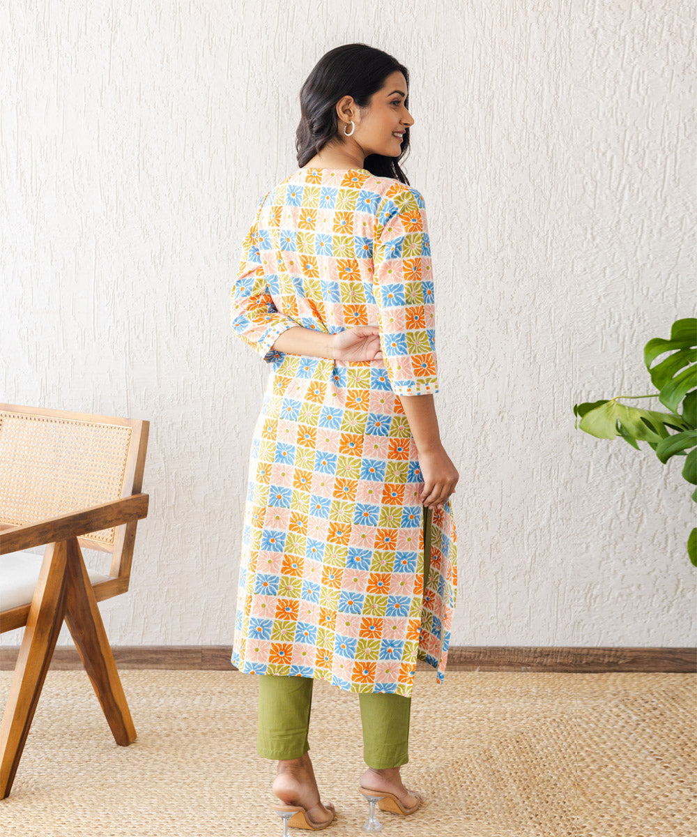 Multicolored tile hand block printed straight kurta