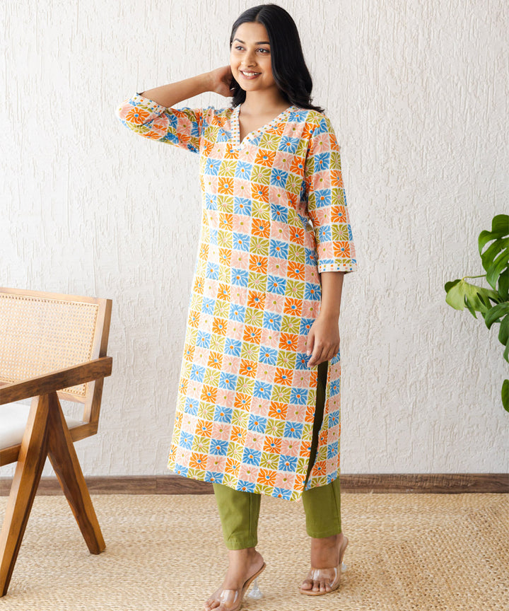 Multicolored tile hand block printed straight kurta