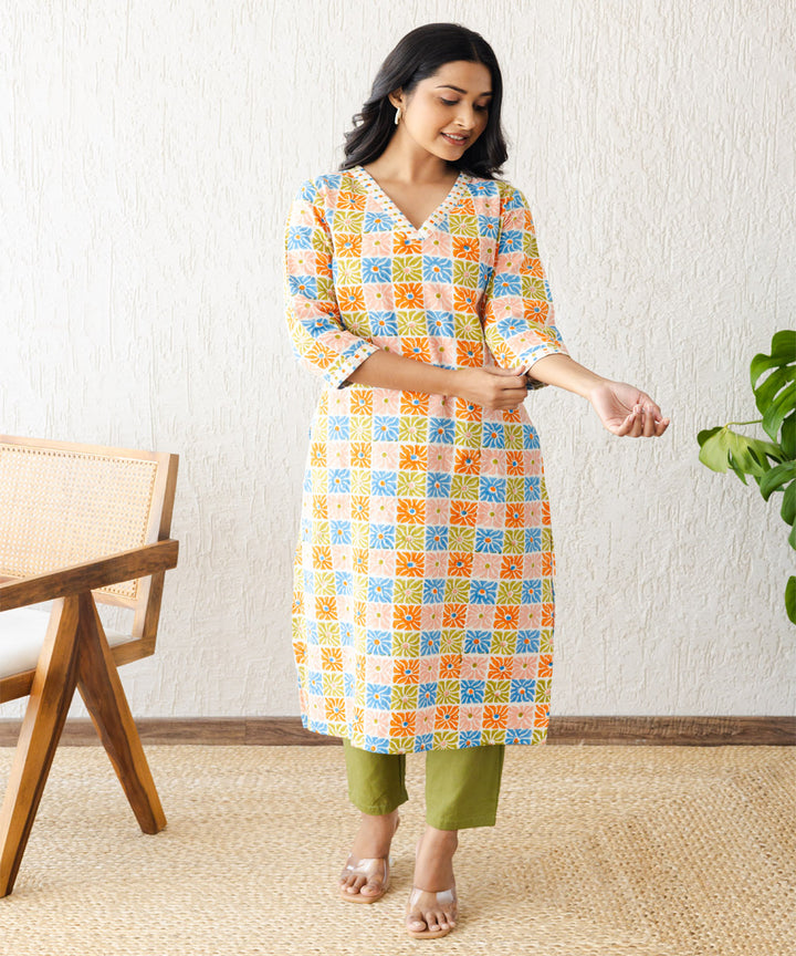 Multicolored tile hand block printed straight kurta