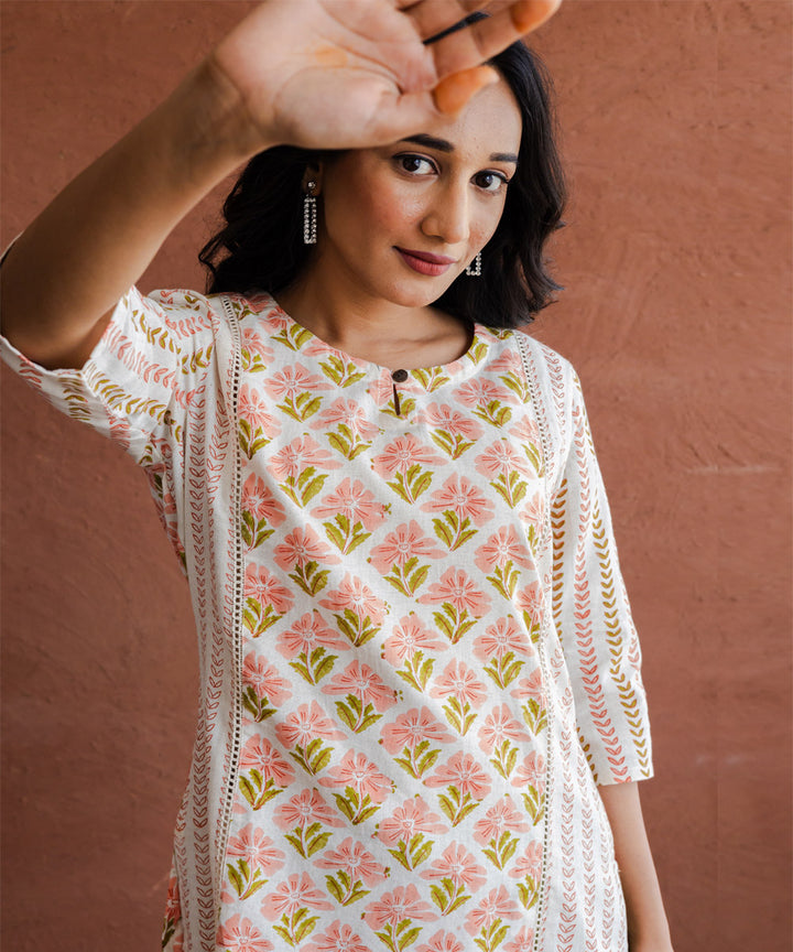 Off-white and peach floral hand block printed panel straight kurta