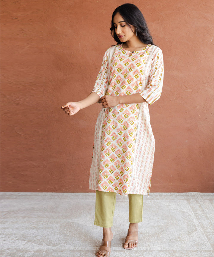 Off-white and peach floral hand block printed panel straight kurta