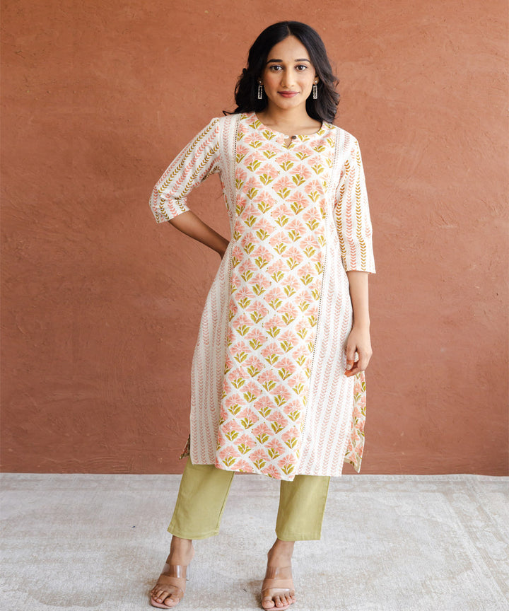 Off-white and peach floral hand block printed panel straight kurta