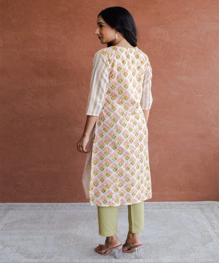 Off-white and peach floral hand block printed panel straight kurta