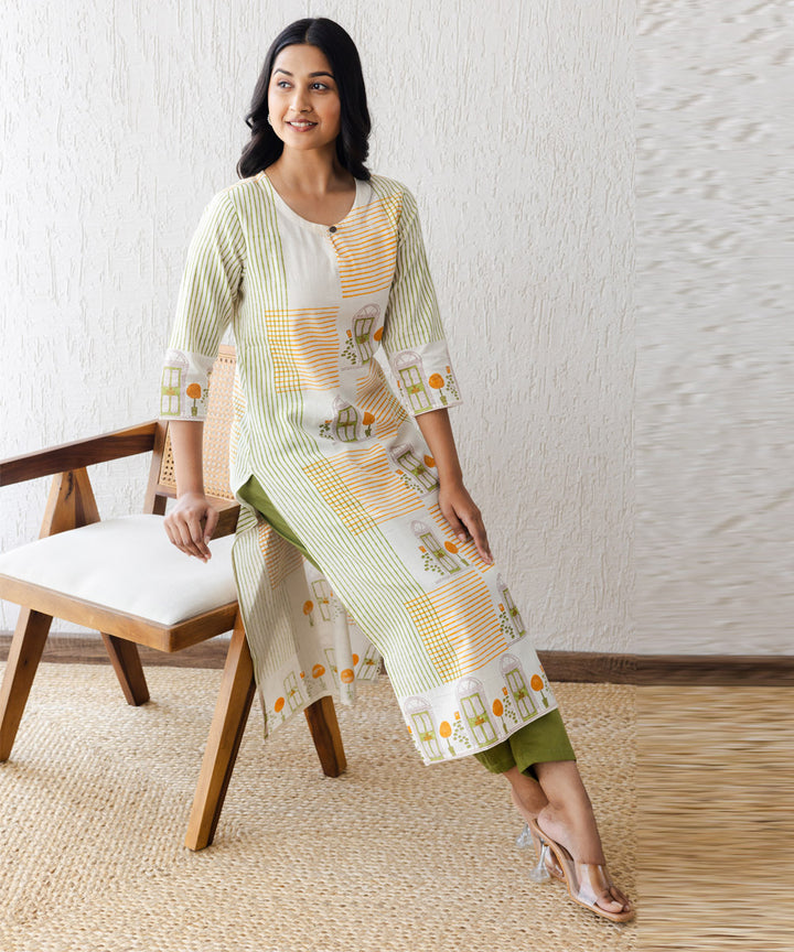 Off-white doorway hand block printed straight kurta