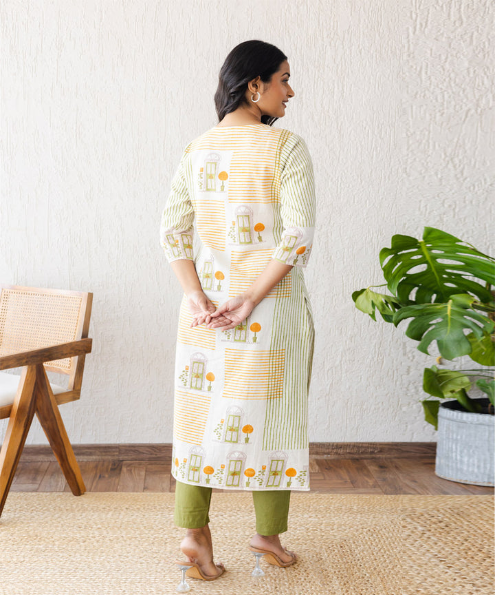 Off-white doorway hand block printed straight kurta