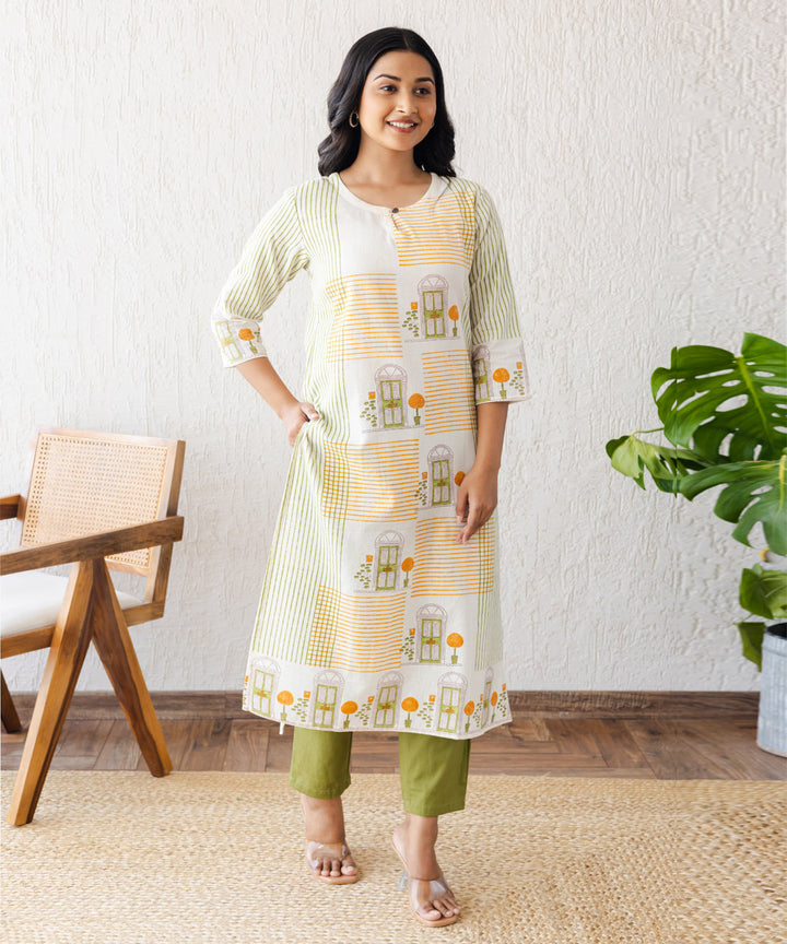 Off-white doorway hand block printed straight kurta