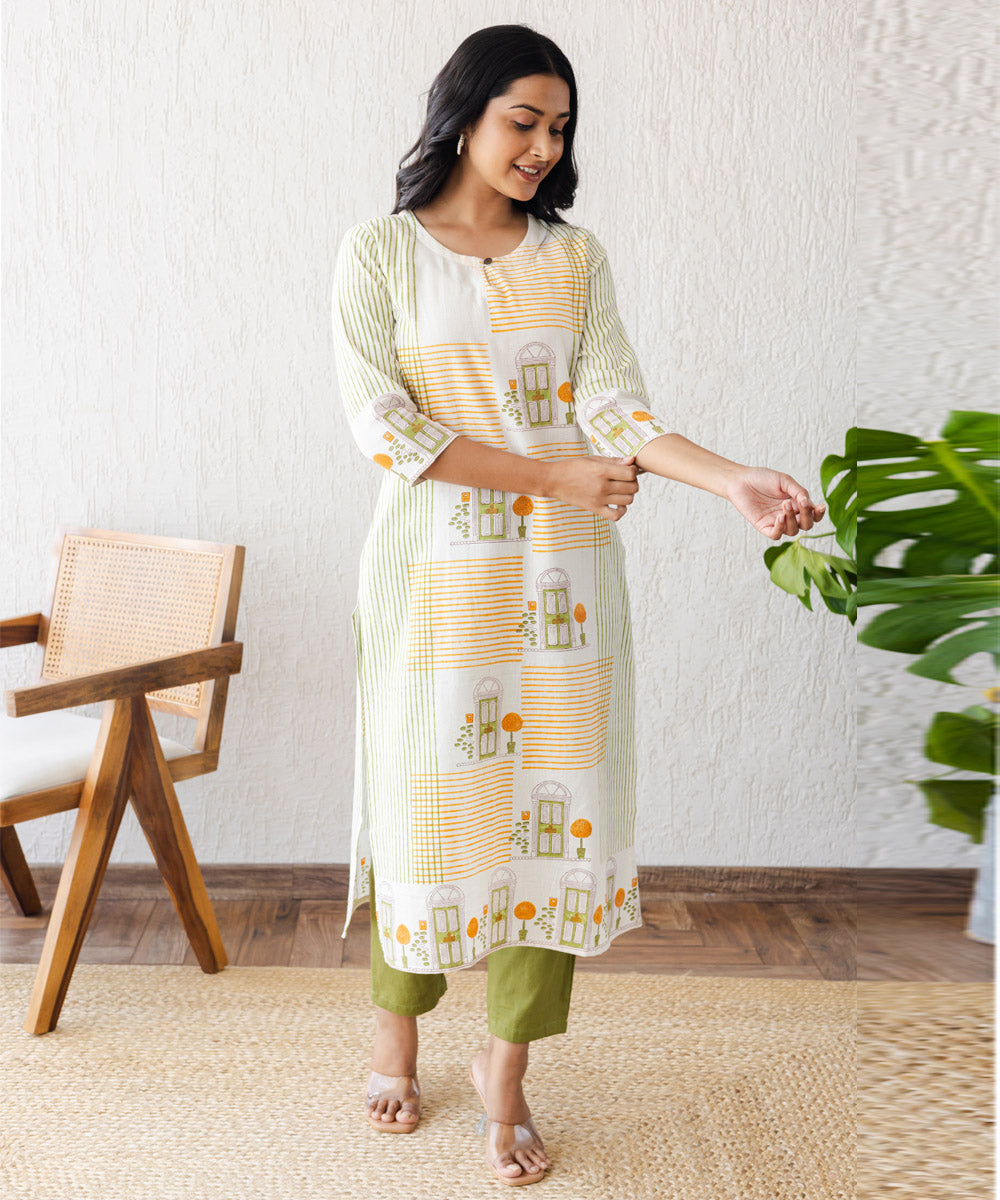 Off-white doorway hand block printed straight kurta