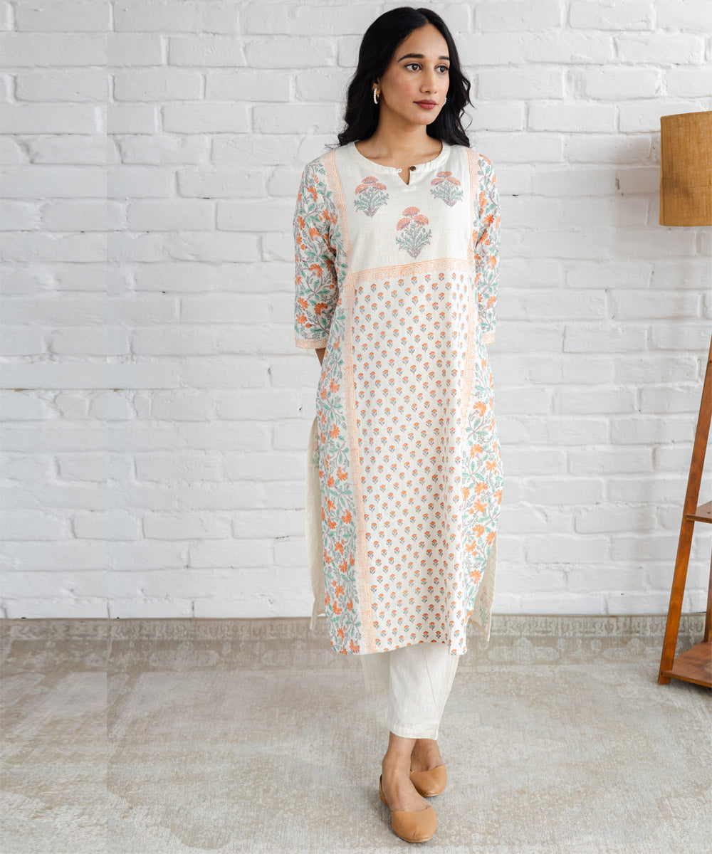 Off-white mughal hand block printed buti panel straight kurta