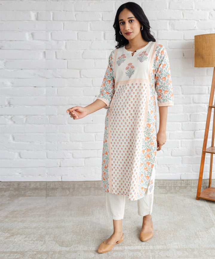 Off-white mughal hand block printed buti panel straight kurta