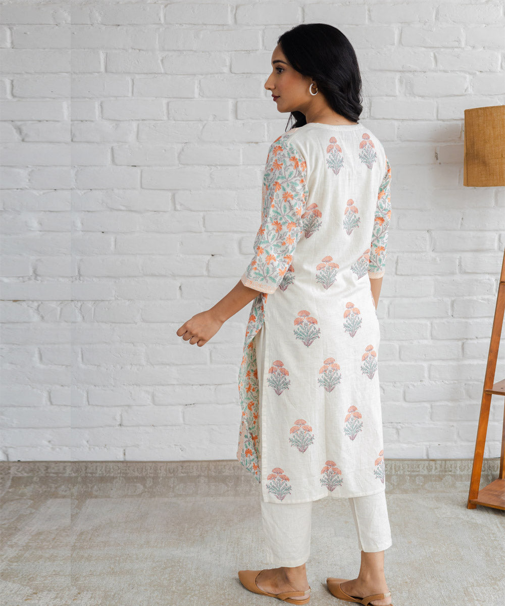 Off-white mughal hand block printed buti panel straight kurta