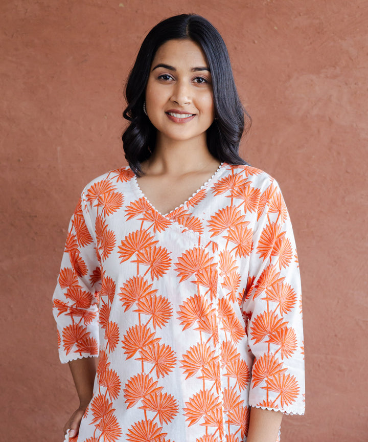 Orange leaf hand block printed angrakha straight kurta