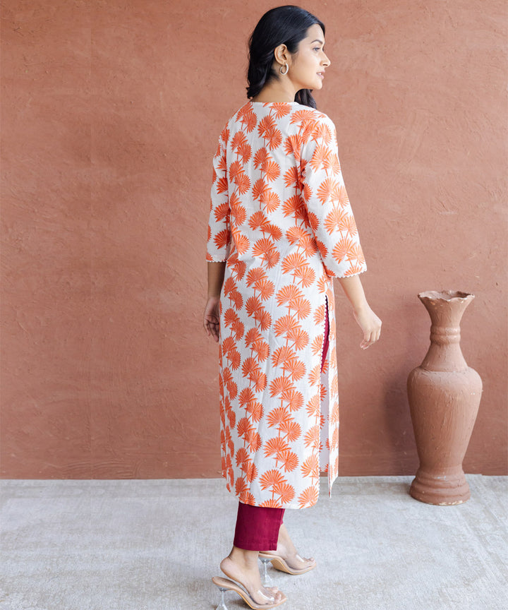 Orange leaf hand block printed angrakha straight kurta