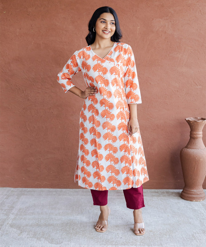 Orange leaf hand block printed angrakha straight kurta