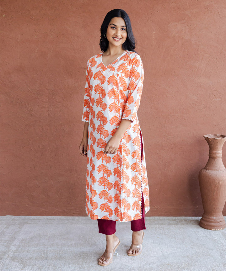 Orange leaf hand block printed angrakha straight kurta