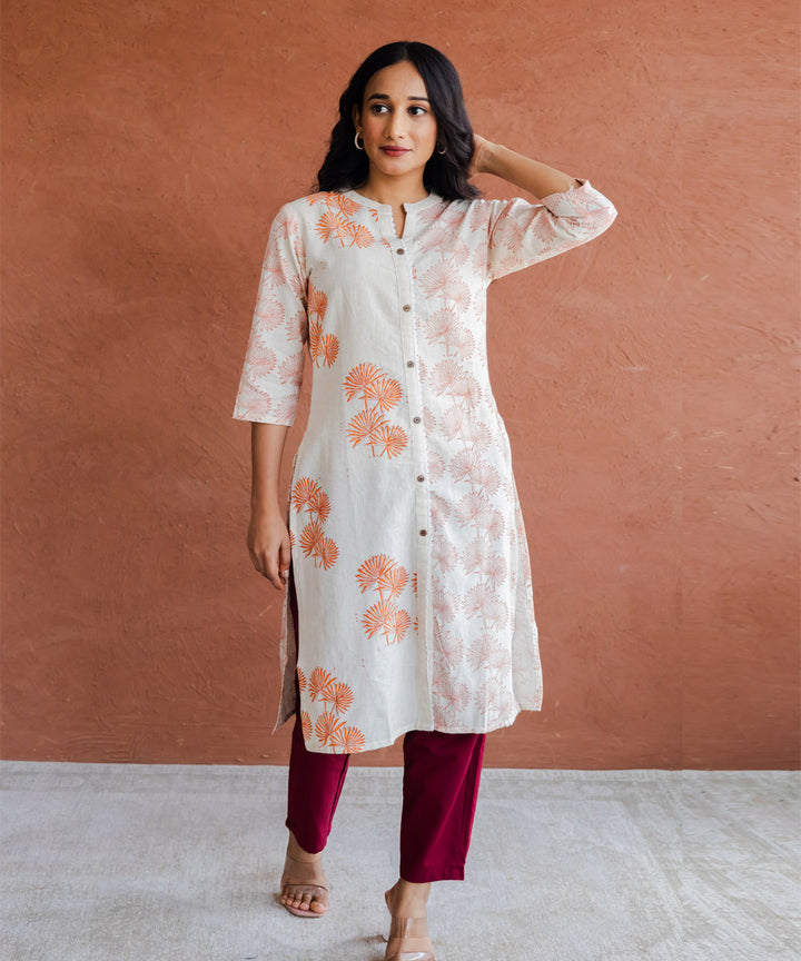 Orange leaf hand block printed straight collar kurta