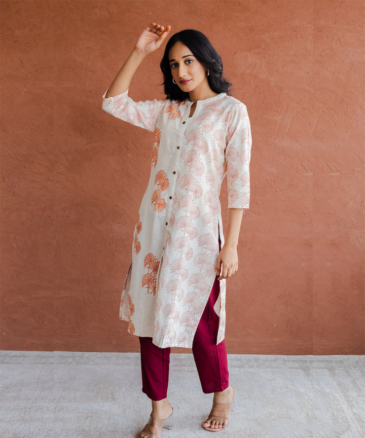 Orange leaf hand block printed straight collar kurta