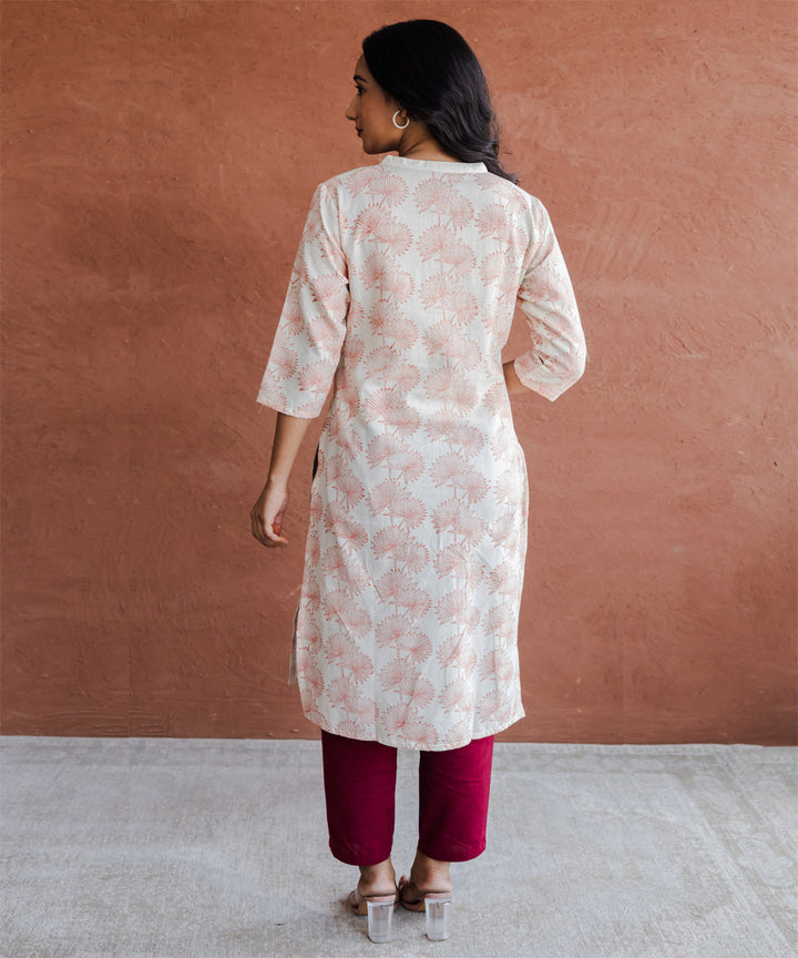 Orange leaf hand block printed straight collar kurta